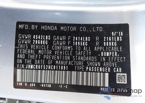 2017 Honda Accord Hybrid Ex-L from USA, damaged, VIN JHMCR6F52HC011891